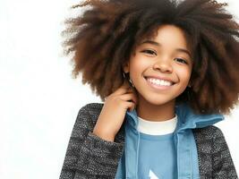 carino spensierato dall'aspetto amichevole adolescenziale ragazza con afro acconciatura sorridente a grandi linee con timido, ai generato foto