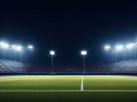 panoramico Visualizza di calcio stadio. vuoto notte calcio campo, nessuno, bandiera modello, copia spazio. ai generato foto