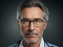 un' uomo ritratto di maturo medico con occhiali, ai generato foto