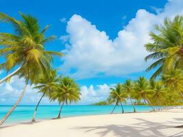 panorama di tropicale spiaggia con Noce di cocco palma alberi, ai generato foto