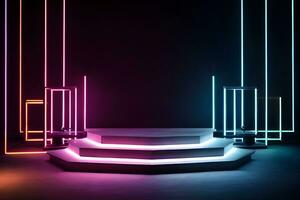 esagono podio Prodotto Schermo finto su con bellissimo neon leggero ai generato foto