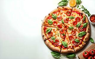 delizioso Pizza piatto posare con copia spazio ai generato foto