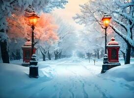 nevoso strada nel inverno con strada lampada ai generato foto