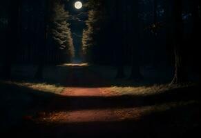 piede sentiero nel notte foresta paesaggio illustrazione ai generato foto