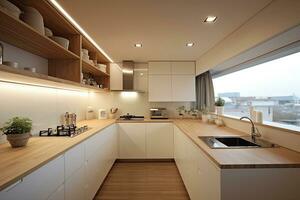 interno di minimo moderno arredamento stile cucina con scaffali, contatore bar e cucinare zona, casa pranzo camera con contemporaneo design. foto
