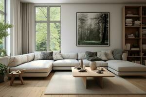 moderno stile interno vivente camera caldo scandinavo e accogliente con di legno decorazione, accogliente beige tono elegante, arredamento, confortevole letto, minimo arredamento design sfondo. foto