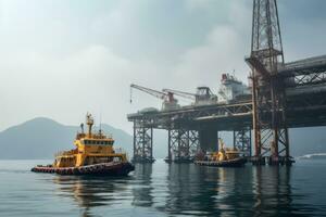 aereo Visualizza di al largo olio e gas impianto costruzione stazione piattaforma su il mare. industria ricerca per carburante e energia, estratto processi petrolio e naturale gas a oceano sotto fondale marino. foto