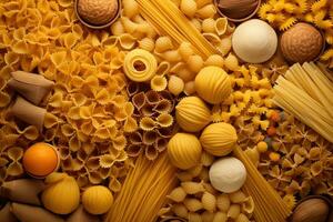 superiore Visualizza di vario tipi delizioso asciutto pasta per fabbricazione cibo su tavolo, crudo ingredienti sfondo concetto, pronto per cucinare concetto. foto