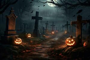 Halloween festa sfondo decorazioni con zucca candela nel spaventoso notte, fantasma giorno design concetto, frequentato case scena. foto