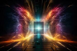 astratto fantasia portale raggiante neon leggero futuristico ologramma con laser Linee. futuristico fantascienza sfondo, spazio universo spettro leggero effetto. foto