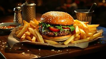 buongustaio delizia. avvicinamento di un irresistibile americano Hamburger con croccante patatine fritte e salato salsa, Perfetto per elite ristorante menu. ai-generato foto