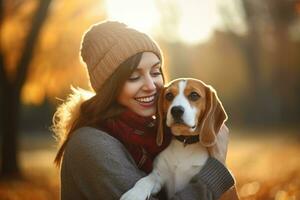 giovane adulto donna Tenere sua beagle , all'aperto autunno parco, ai generato foto