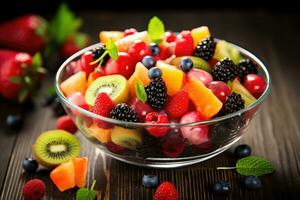 ciotola di salutare fresco frutta insalata, ai generato foto