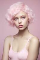 attraente Barbie stile donna nel rosa Abiti , ai generato foto