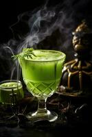 verde Halloween cocktail nel cranio bicchiere, Fumo In arrivo su. ai generato foto