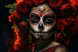 dia de los muertos. giorno di il morto. donna con zucchero cranio trucco su un' floreale sfondo. ai generato foto