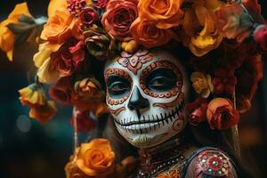 giorno di il morto. donna con zucchero cranio trucco su un' floreale sfondo nel il strada. ai generato foto