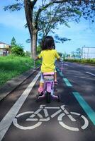poco ragazza è equitazione sua bicicletta foto