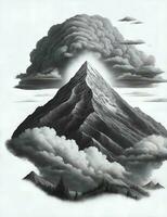 montagne, alberi con nuvole incisione stile illustrazione foto