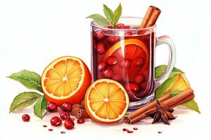 Natale vin brulé rosso vino con spezie e frutta acquerello stile. tradizionale caldo bevanda a Natale tempo su bianca sfondo generativo ai foto