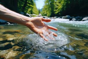 un' dell'uomo mano tocchi acqua di mare. ai-generato foto