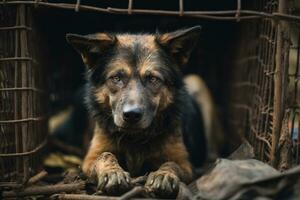 un' vagante grande cane è seduta nel un' gabbia. ai generato foto