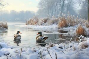 Due anatre nel un' stagno nel inverno. ai-generato foto