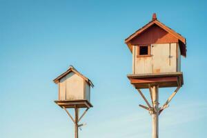 Due di legno casette per gli uccelli, un' Casa per uccelli. ai generato foto