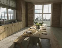 cucina in legno in stile scandinavo e tavolo da pranzo con piatti