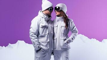 minimalista sfondo, bellissimo coppia nel Snowboard indossare foto