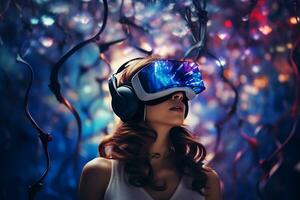 persona indossare un' futuristico vr bicchieri ai generativo foto