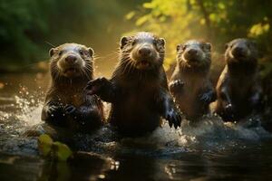 gruppo di giocoso lontre nuoto nel il fiume ai generativo foto