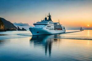 un' grande crociera nave andare in barca attraverso il oceano a tramonto. ai-generato foto