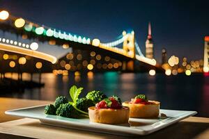 un' piatto di cibo con broccoli e un' ponte nel il sfondo. ai-generato foto