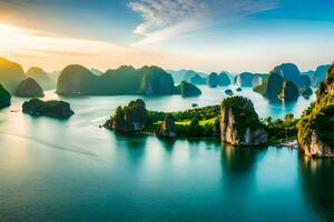 il sole imposta al di sopra di il acqua nel halong baia, Vietnam. ai-generato foto