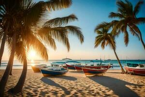 Barche su il spiaggia a tramonto con palma alberi. ai-generato foto