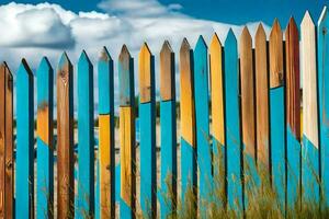 un' colorato recinto con blu, verde e giallo tavole. ai-generato foto