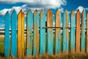 un' colorato di legno recinto con blu cielo e erba. ai-generato foto