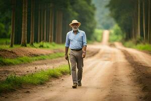 un più vecchio uomo a piedi giù un' sporco strada nel il mezzo di un' foresta. ai-generato foto