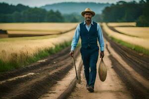 un' uomo nel un' completo da uomo e cappello a piedi giù un' sporco strada. ai-generato foto