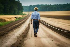 un' uomo a piedi giù un' sporco strada con un' canna. ai-generato foto