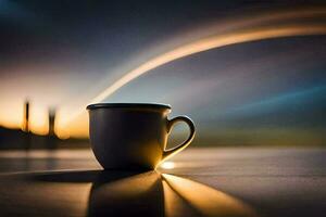 un' caffè tazza su un' tavolo con un' tramonto nel il sfondo. ai-generato foto