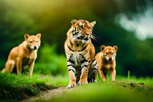 tre tigri a piedi su un' sentiero nel il erba. ai-generato foto