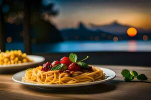 spaghetti e un' ciotola di pasta con un' Visualizza di il tramonto. ai-generato foto