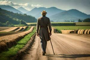 un' uomo nel un' cappello e cappotto a piedi giù un' sporco strada. ai-generato foto