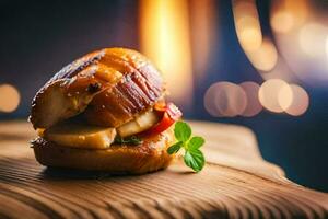 un' Sandwich con carne e verdure su un' di legno tavolo. ai-generato foto