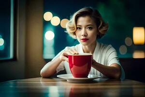 un' donna Tenere un' rosso tazza di caffè. ai-generato foto