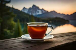 un' tazza di tè su un' di legno tavolo nel davanti di un' lago. ai-generato foto