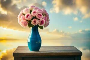 un' vaso con rosa Rose su un' tavolo nel davanti di il oceano. ai-generato foto