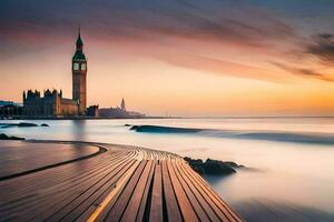 il sole sorge al di sopra di il mare e grande Ben nel Londra. ai-generato foto